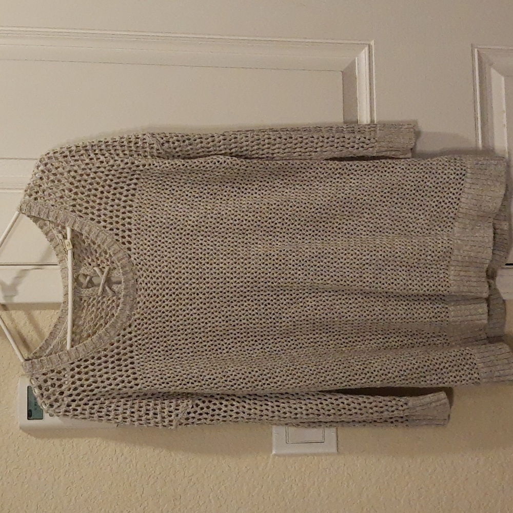 Lucky Brand Corset Tie Back Crewneck Womens Knit Grey Oatmeal Sweater Size XL